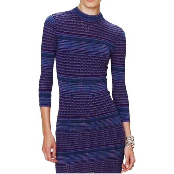 Free People Bodycon Knit Dress 70s Vintage Style Semi Sheer Stripe Purple Blue - Picture 8 of 16